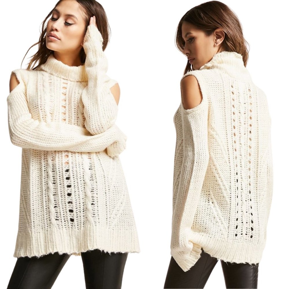 l love Cream Open Shoulder Cable Knit Sweater - Cream